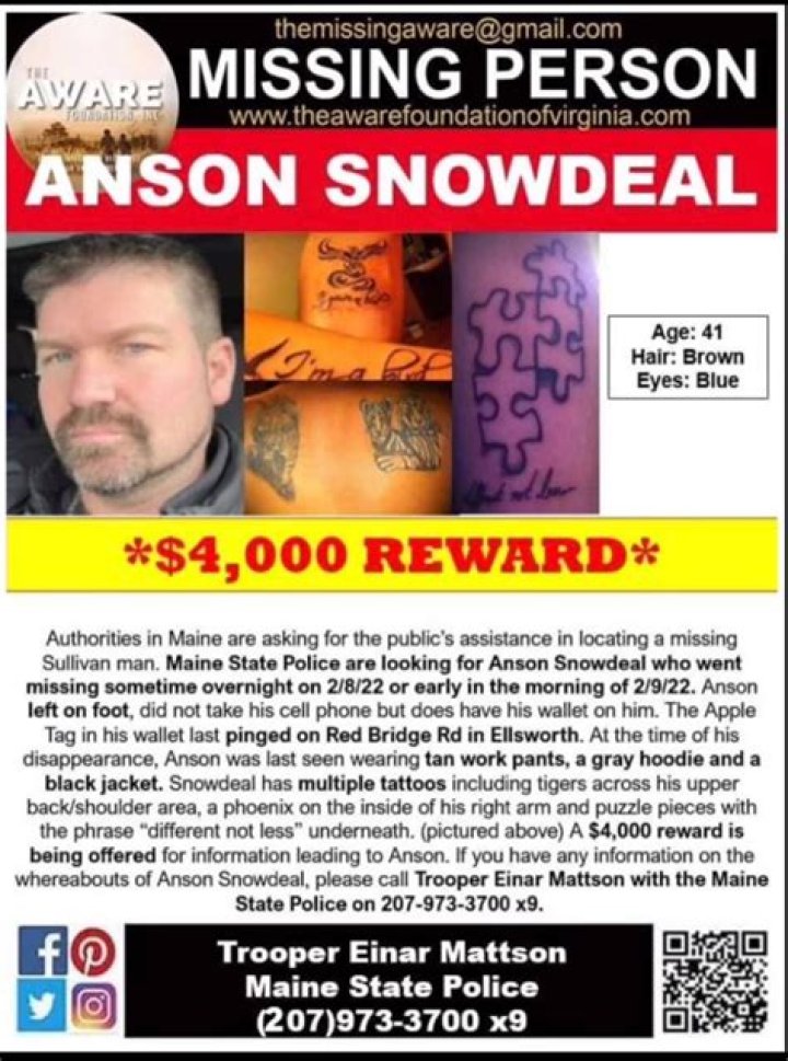 Anson Snowdeal Missing Ellsworth, Maine State Police Seek Assistance Locating Missing Man