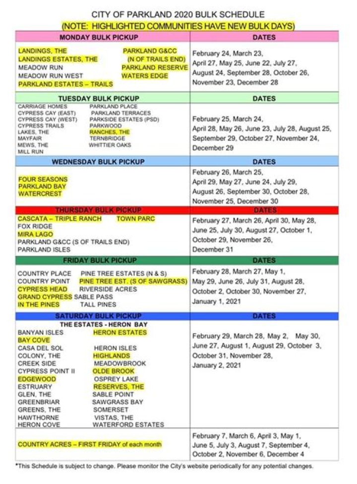 	PARKLAND BULK-TRASH PICKUPS SCHEDULED	