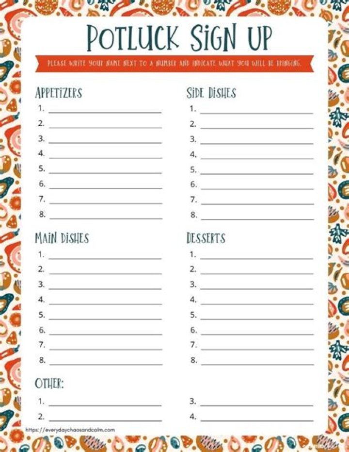 Potluck Sign Up Sheet